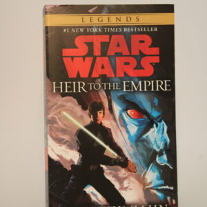 An image of Star Wars: Heir to the Empire with its front cover displaying Luke Skywalker standing in front of a giant Admiral Thrawn head with an angry face.