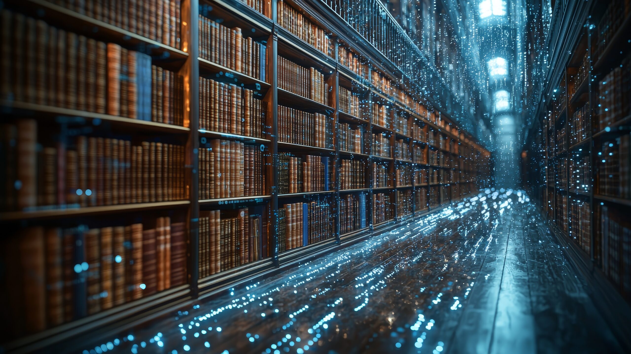 Hallway of book shelves covered with scientific computed styles all over the floor.