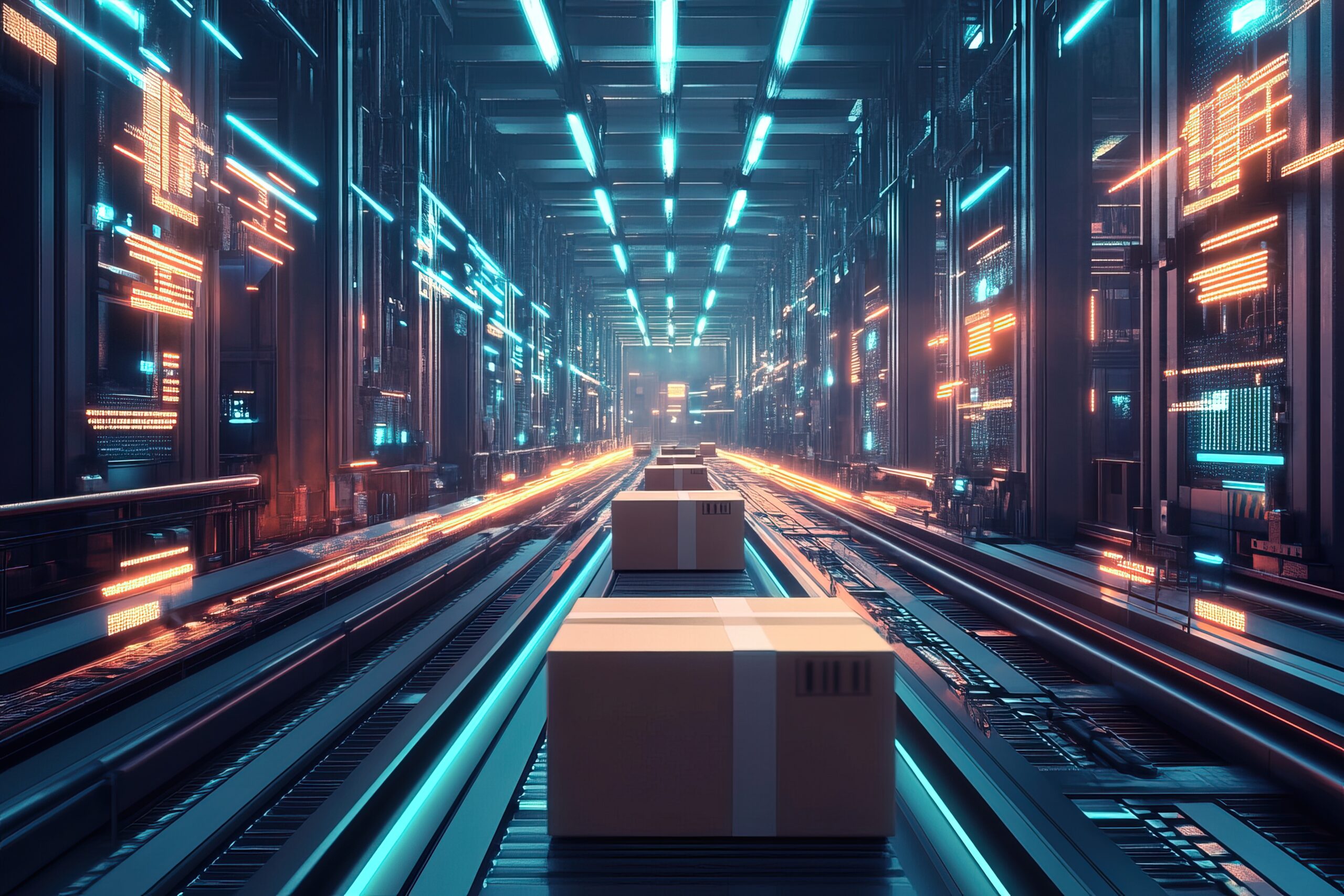 Science Fiction factory with a conveyor belt handling boxes.