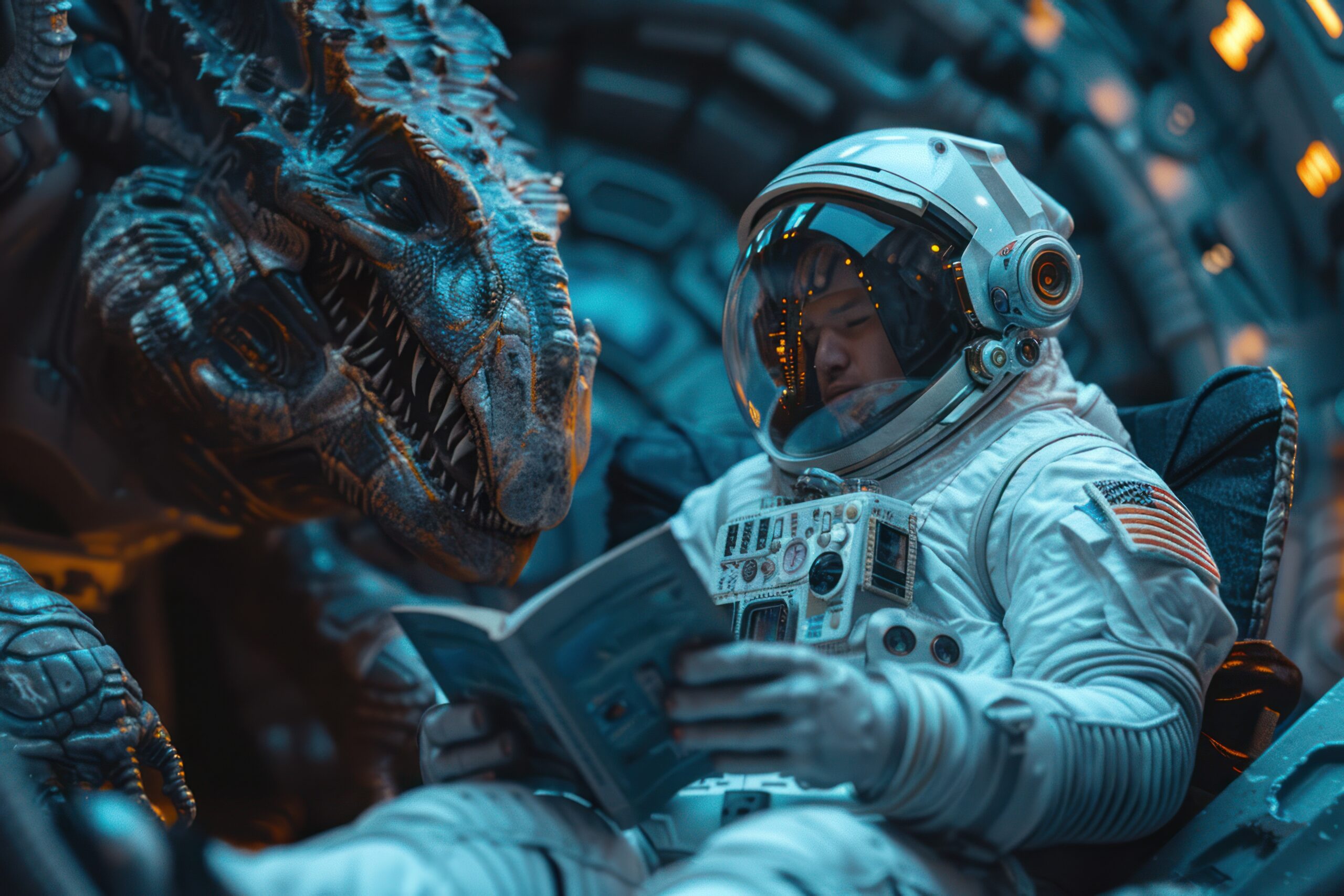 Astronaut reading book with giant dragon-like pet next to him smiling.