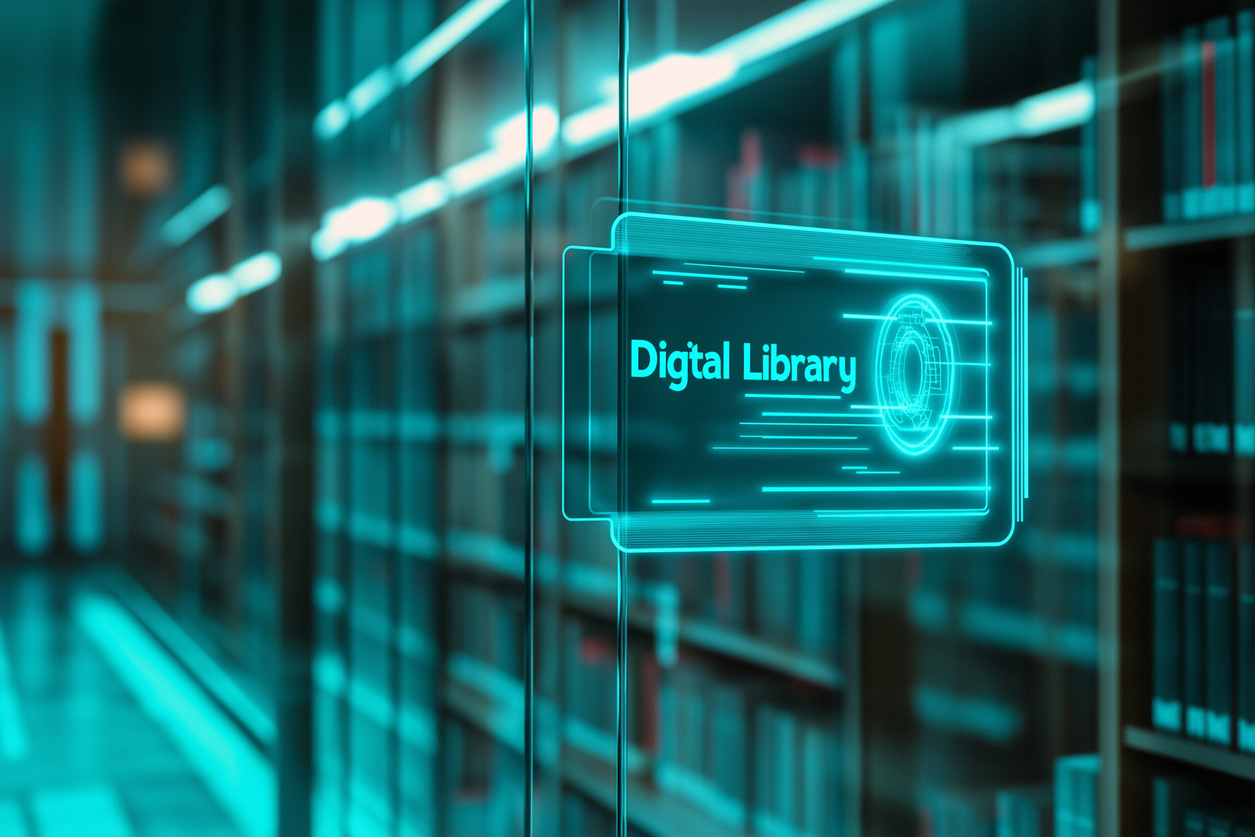 Science fiction themed door with a, in quotes, "digital library," end quotes, label.