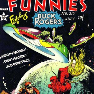 Famous Funnies cover with alien space-ship flying away from a planet.