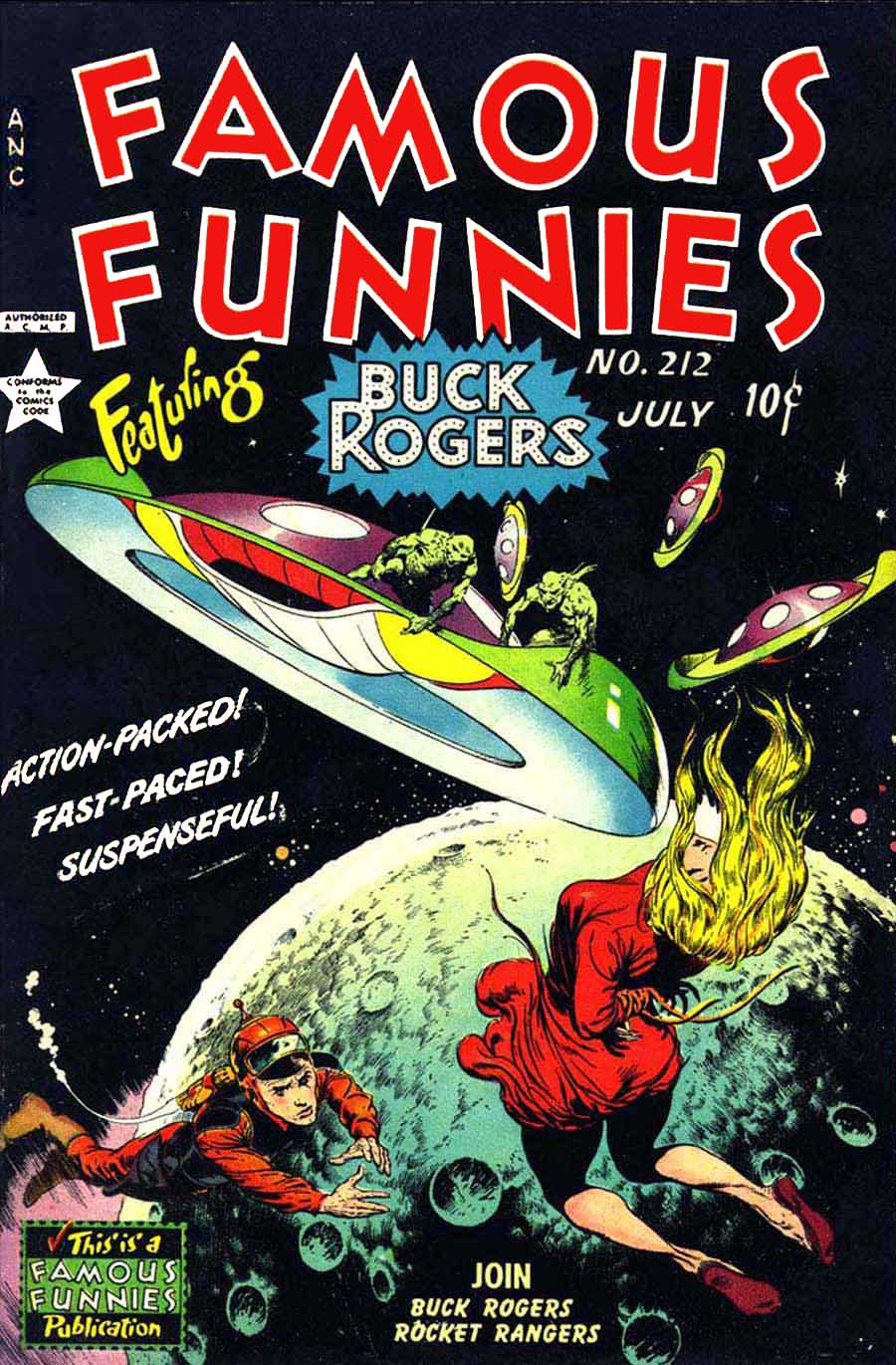 Famous Funnies cover with alien space-ship flying away from a planet.