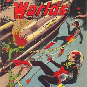 Fantastic Worlds cover with astronauts attacking aliens in front of space ship.