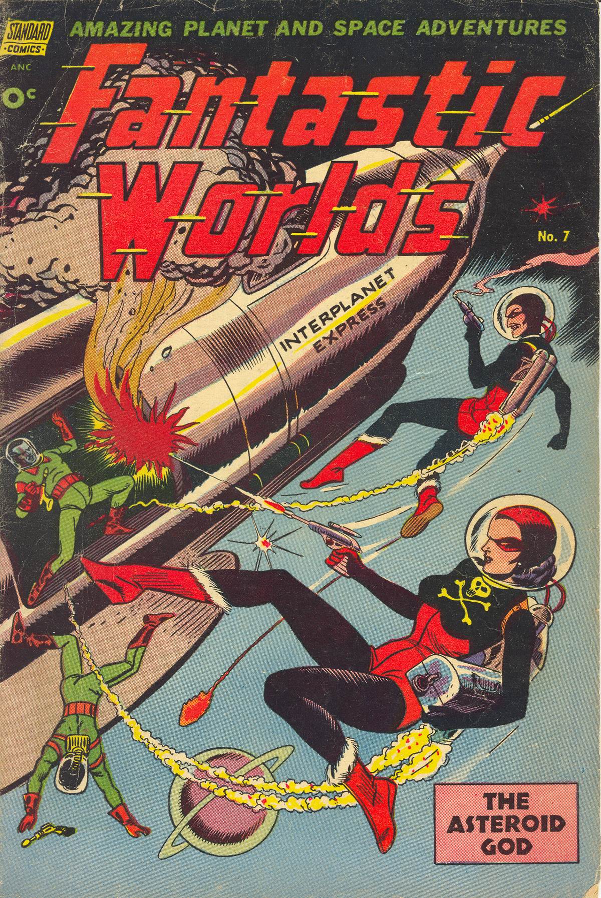 Fantastic Worlds cover with astronauts attacking aliens in front of space ship.