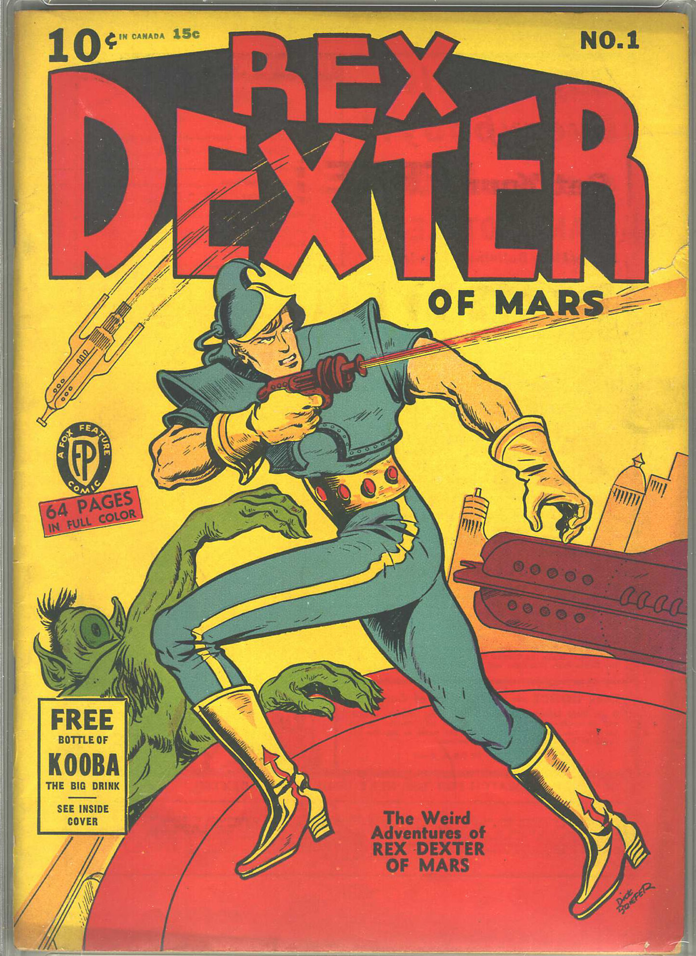 Rex Dexter comic book cover with Rex Dexter shooting monsters with a lazer gun.